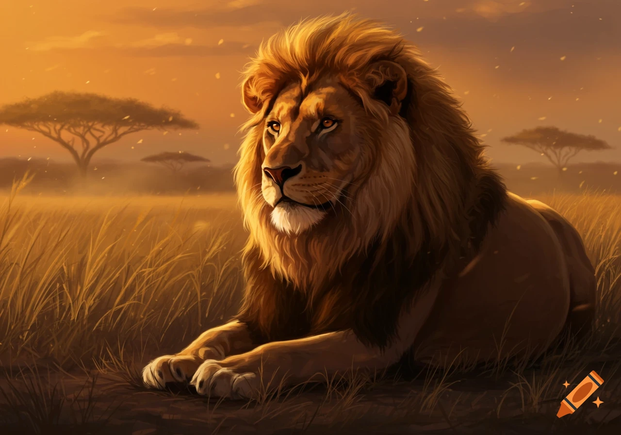 An illustrative painting of a majestic lion with a golden mane lying in tall grass at sunset in a savanna.