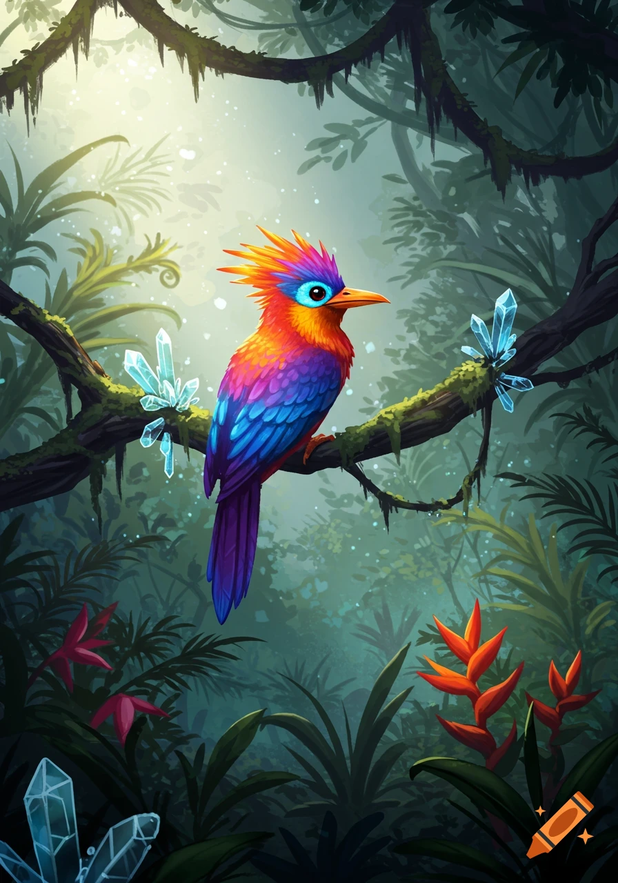 A vibrant, fantastical bird with blue eyes and spiky, rainbow-colored feathers perches on a mossy branch with glowing crystals in a lush, sunlit jungle.
