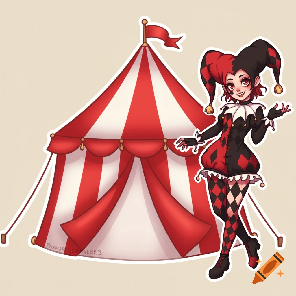 Clip art of a red and white circus tent with an anime jester girl in a black and red outfit.
