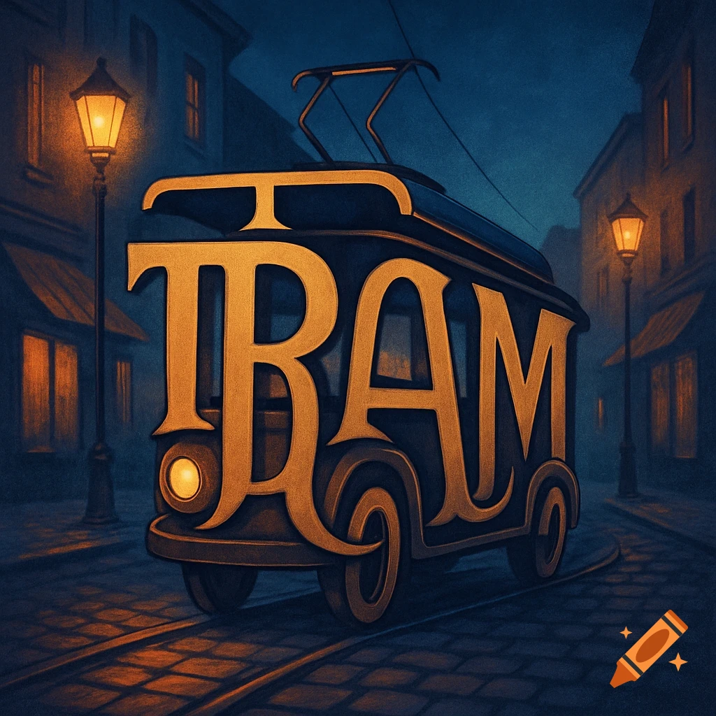 Stylized drawing of a tram made of the letters TRAM on a cobbled street at night.