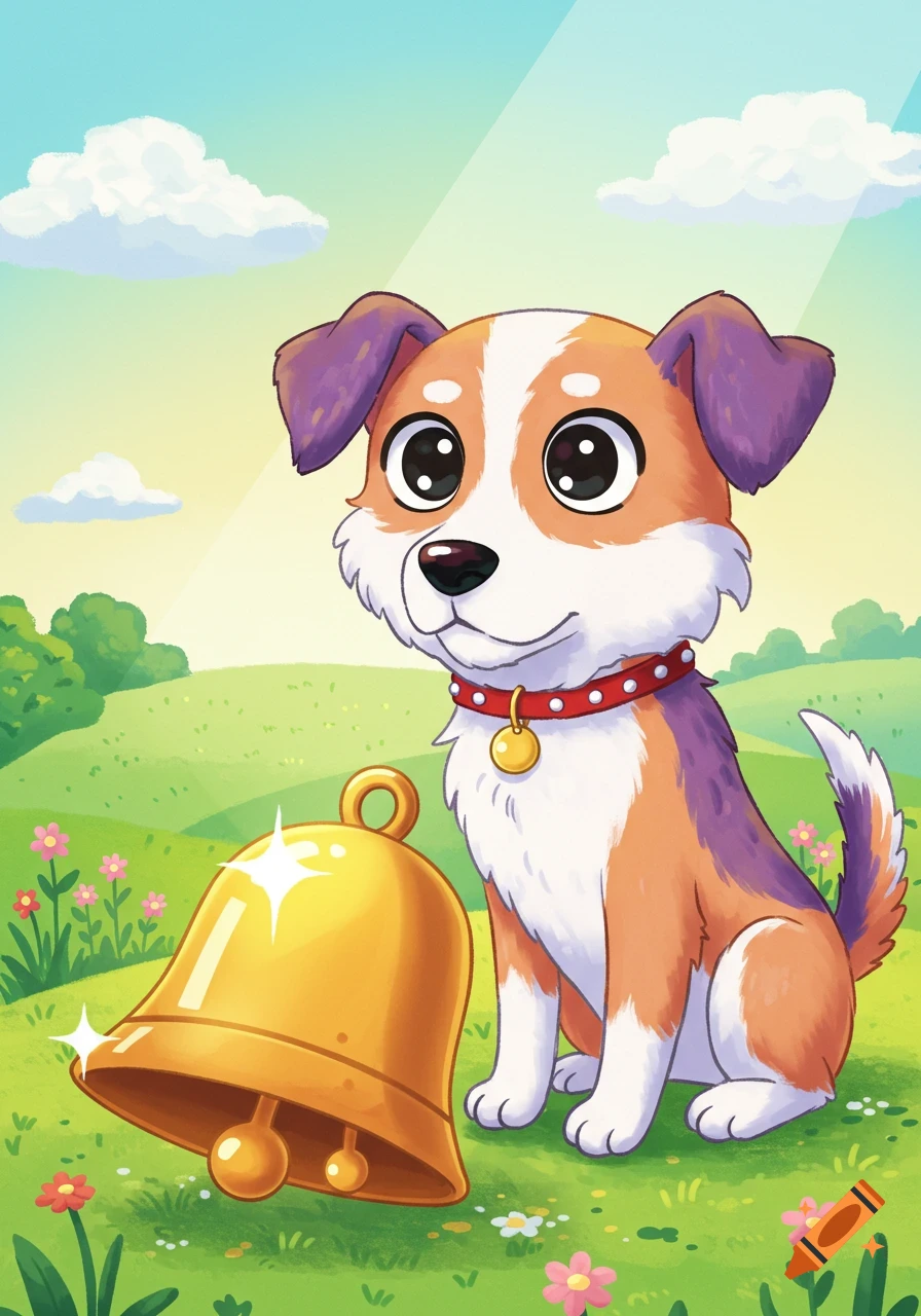 Cartoon illustration of a playful brown and white dog with purple ears, sitting next to a golden bell in a green field under a blue sky.