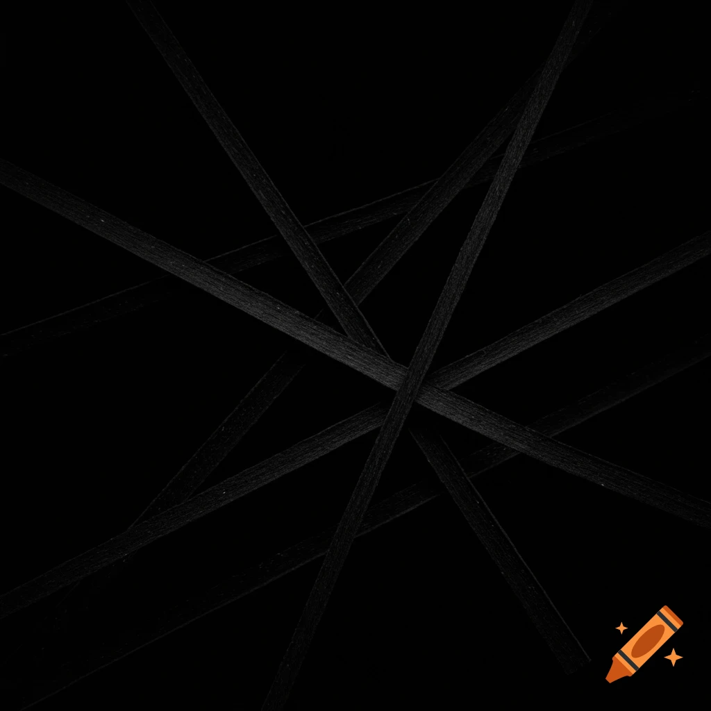 Dark, textured lines intersecting on a pure black background in an abstract composition.