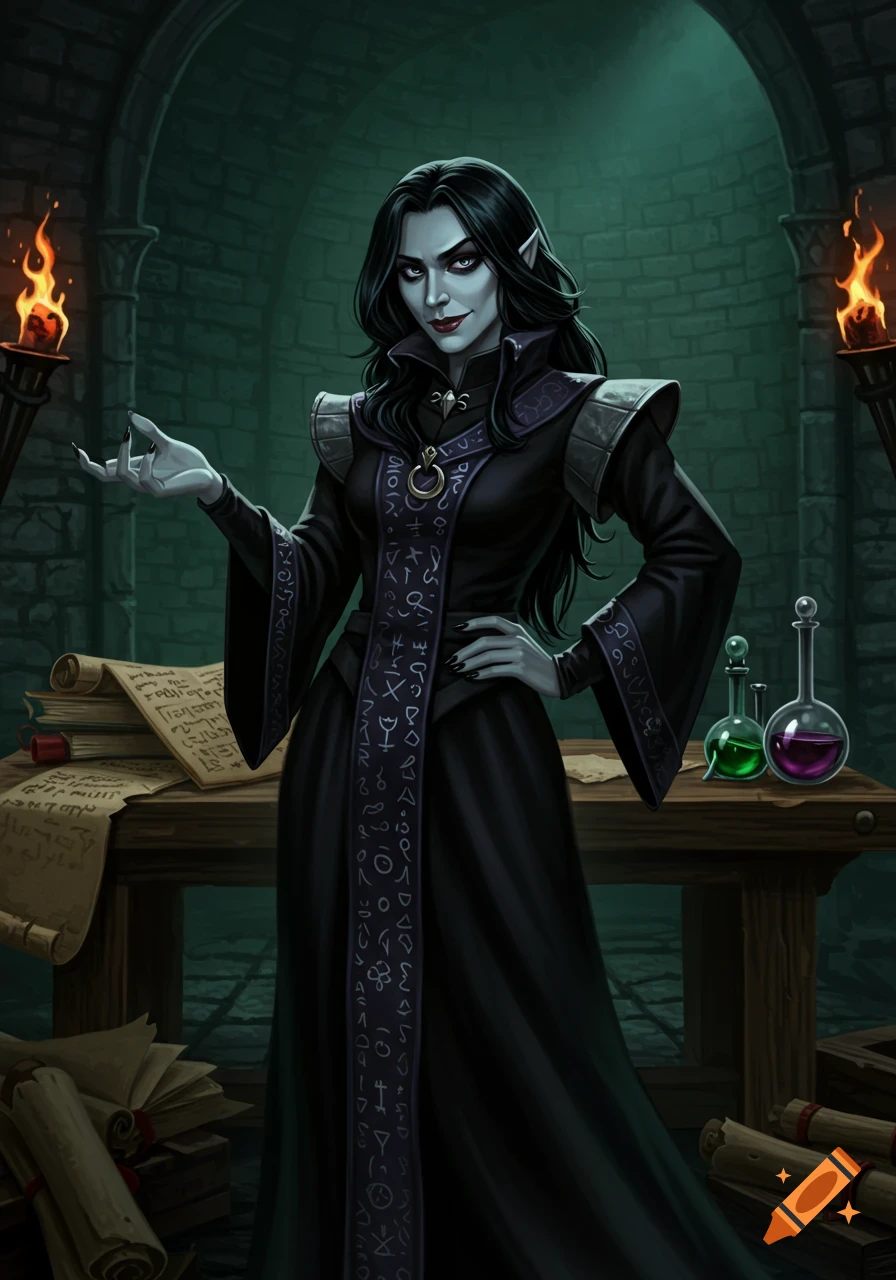 A female sorceress or vampire with black hair and pale skin, wearing a dark robe with mystic symbols, standing in a dungeon with scrolls and potions on a wooden table.