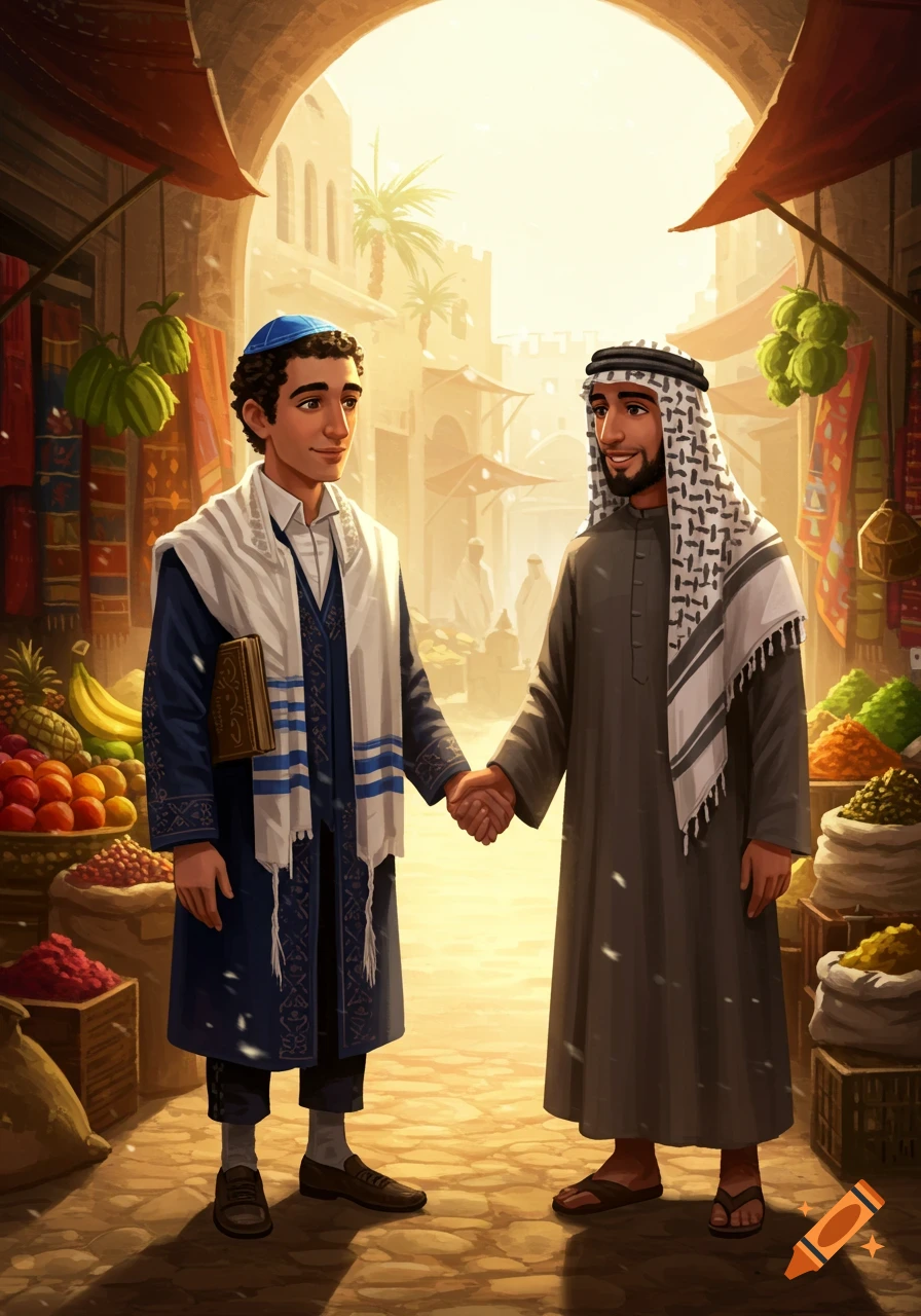 An illustration of a Jewish man and an Arab man holding hands in a sunny, bustling marketplace.