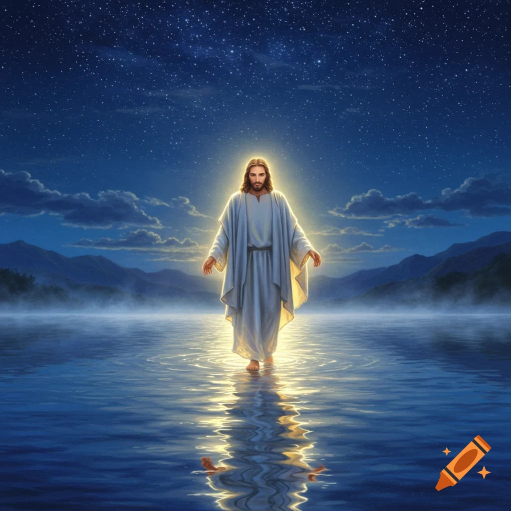 Jesus, glowing, walks on water under a starry night sky with misty mountains, in a painting style.