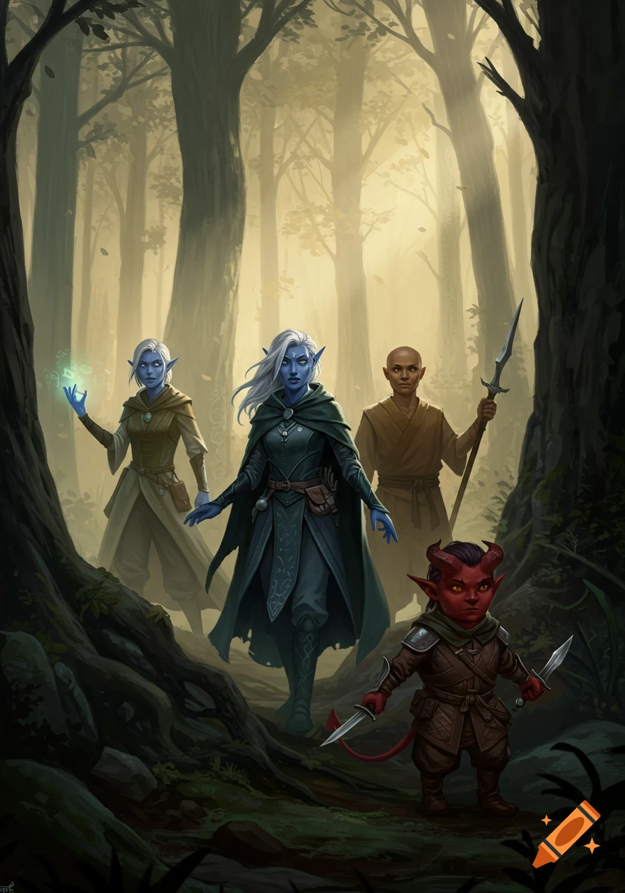 A fantasy party of a blue elf ranger, a blue elf sorceress, a bald human monk, and a red tiefling rogue standing in a misty forest.