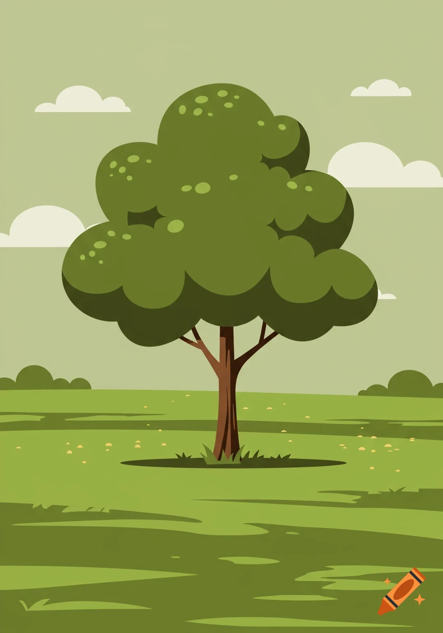 A stylized illustration of a green tree with a brown trunk, centered in a grassy field under a pale green sky with white clouds.