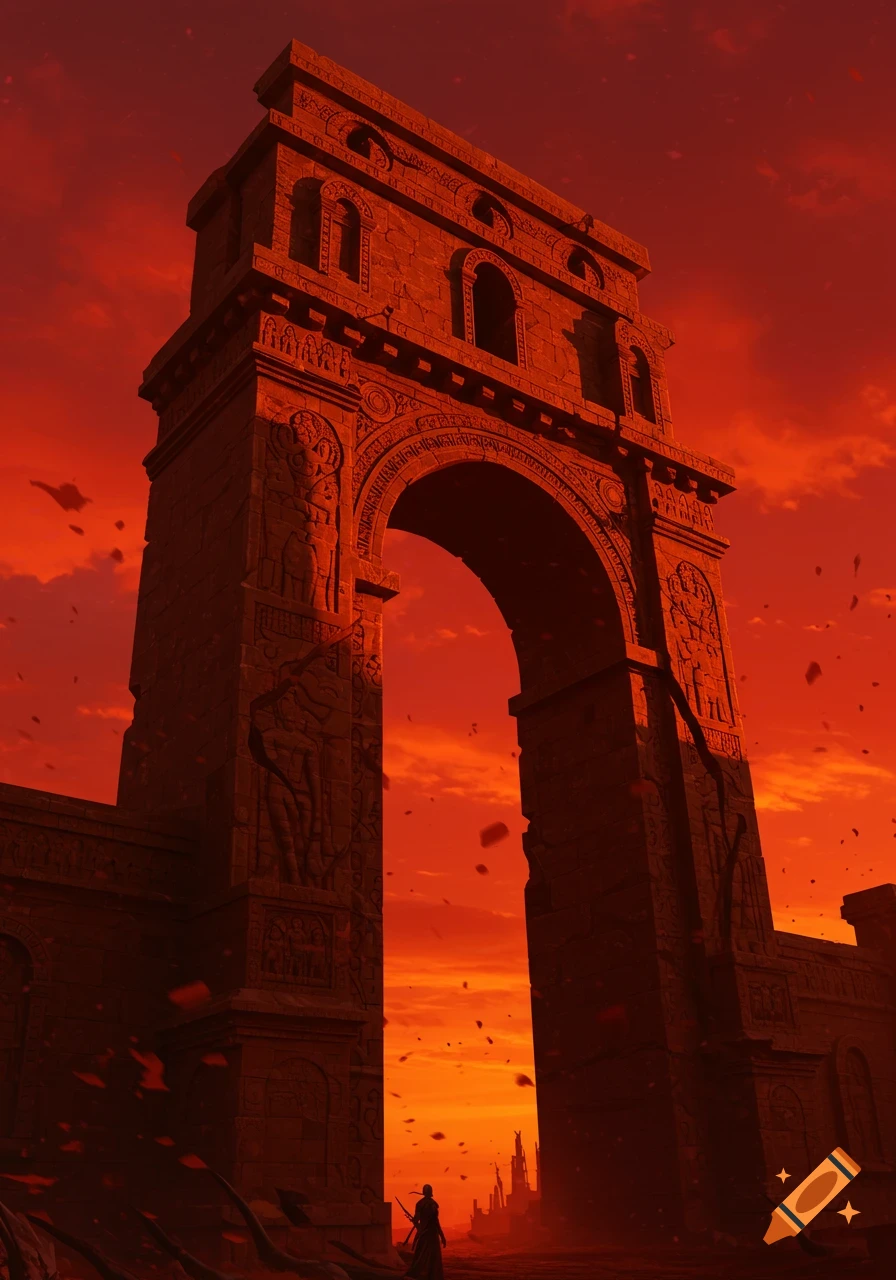 A low-angle view of a colossal, ornate stone gate under a dramatic, fiery red and orange sky. A lone figure stands in the distance.