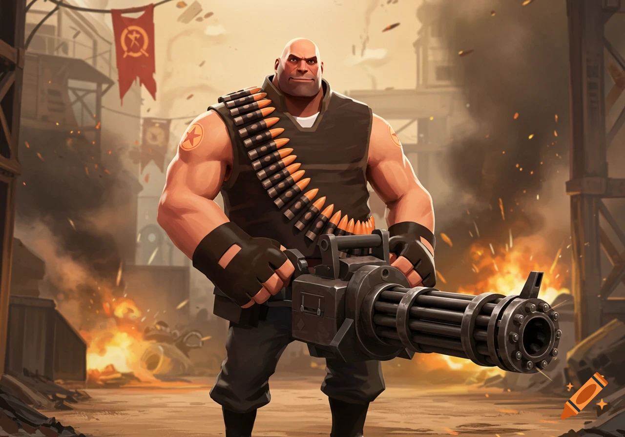 A muscular bald man in a black tank top and bullet belt, holding a minigun in a fiery, war-torn landscape.