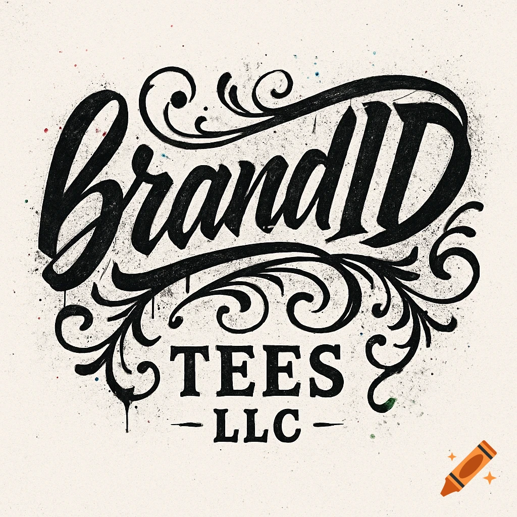Black 'brandID TEES LLC' logo in flowing script with tattoo-inspired flourishes, spray paint textures, and subtle color splashes.