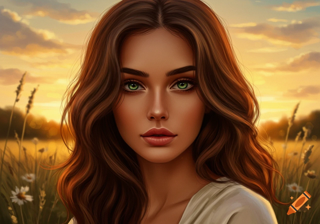 Detailed painted portrait of a brunette woman with green eyes and long hair, set against a golden sunset field.