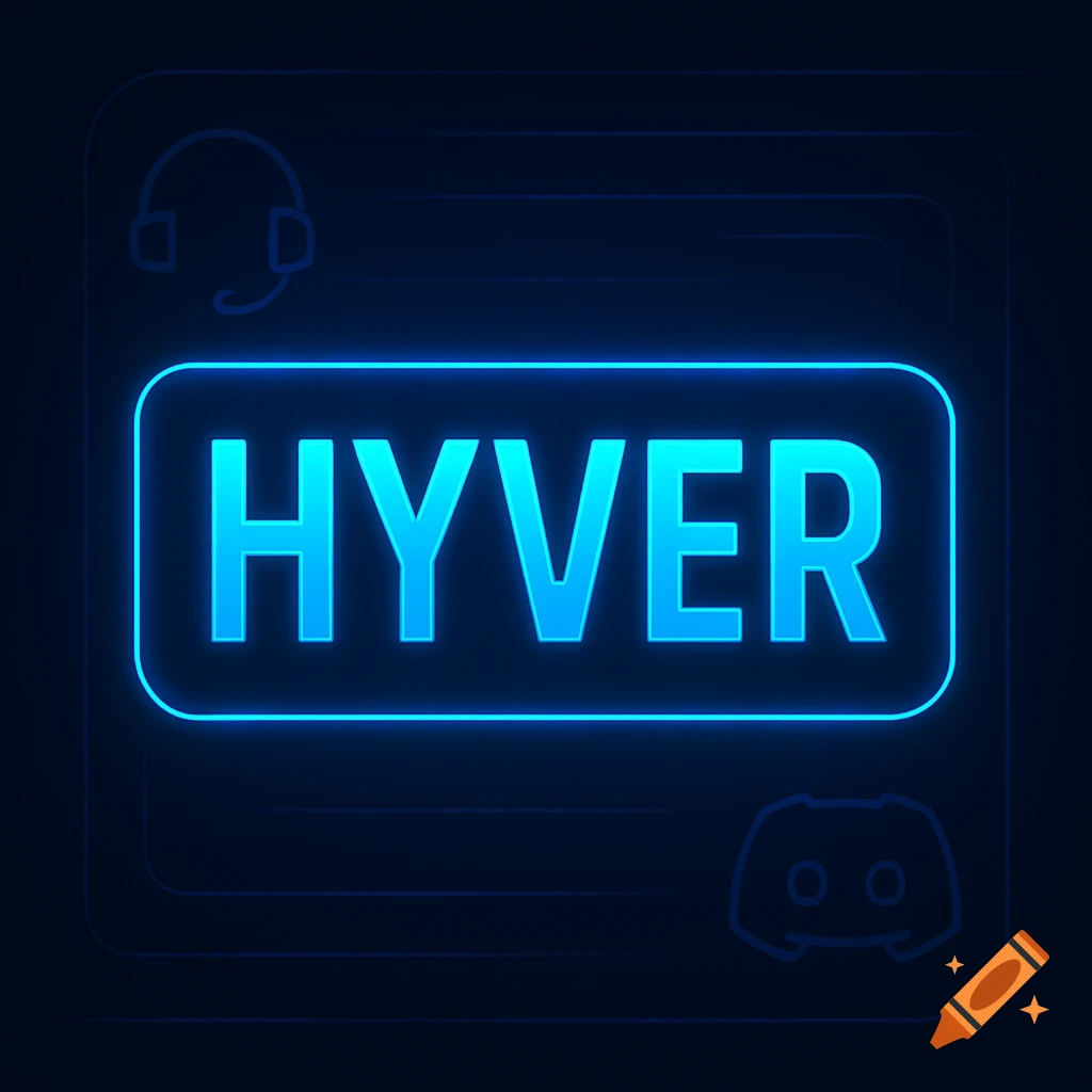 Glowing blue 'HYVER' logo with neon outlines and subtle tech icons on a dark background.