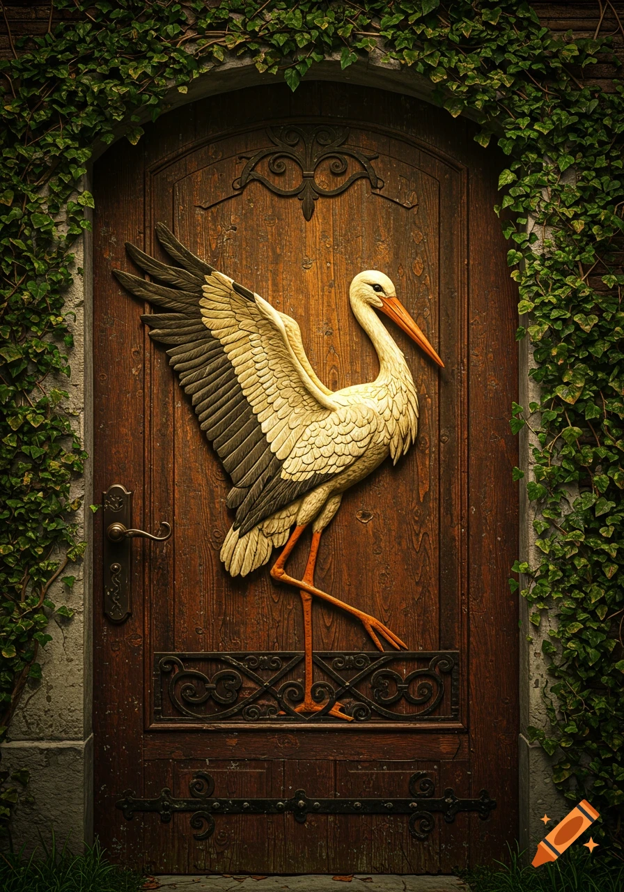 A photorealistic stork carving adorns a rustic wooden door, framed by vibrant green ivy.