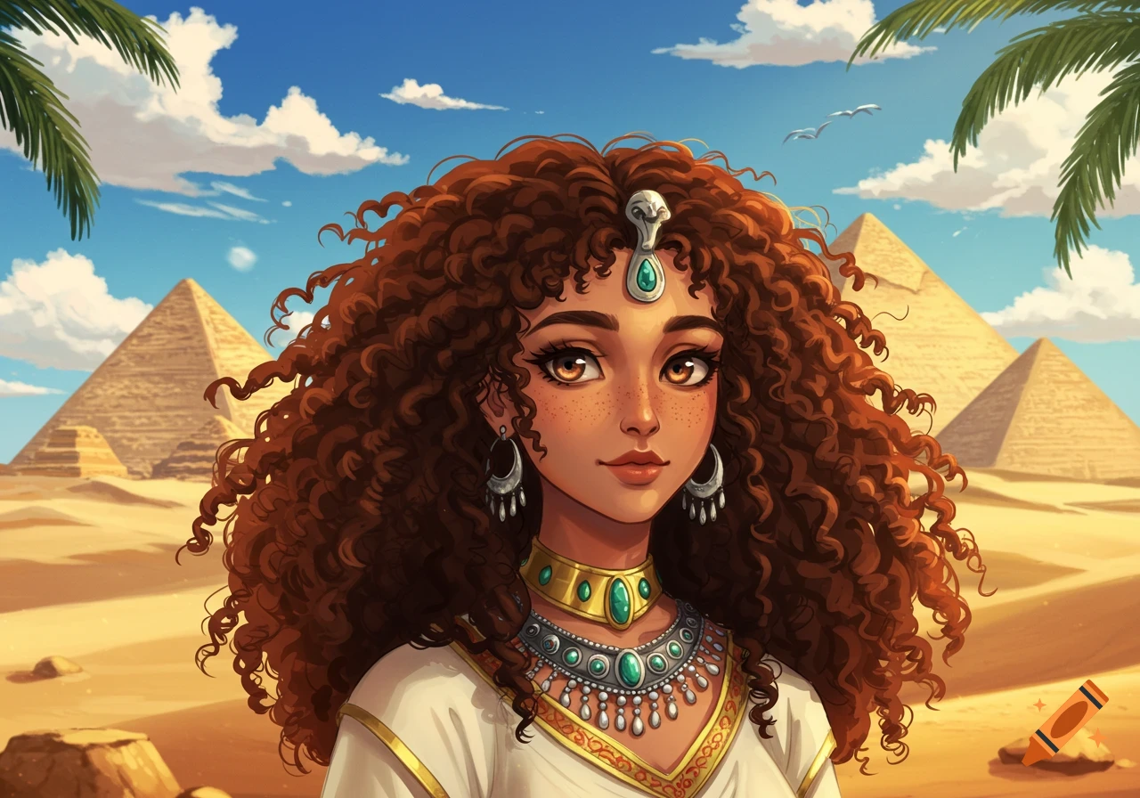 Anime girl with curly brown hair, ancient Egyptian jewelry, and white clothing, standing in a desert with pyramids.