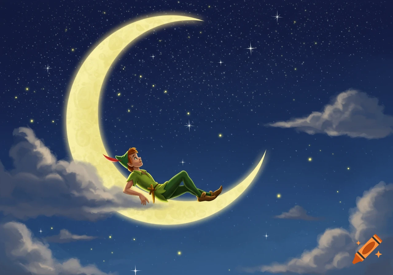 Cartoon Peter Pan reclines on a glowing crescent moon in a starry night sky with clouds.