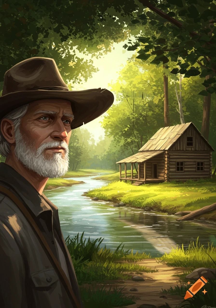 Illustrative image of a white-haired man in a hat standing in a sunlit forest, a river flowing past a rustic cabin in the background.