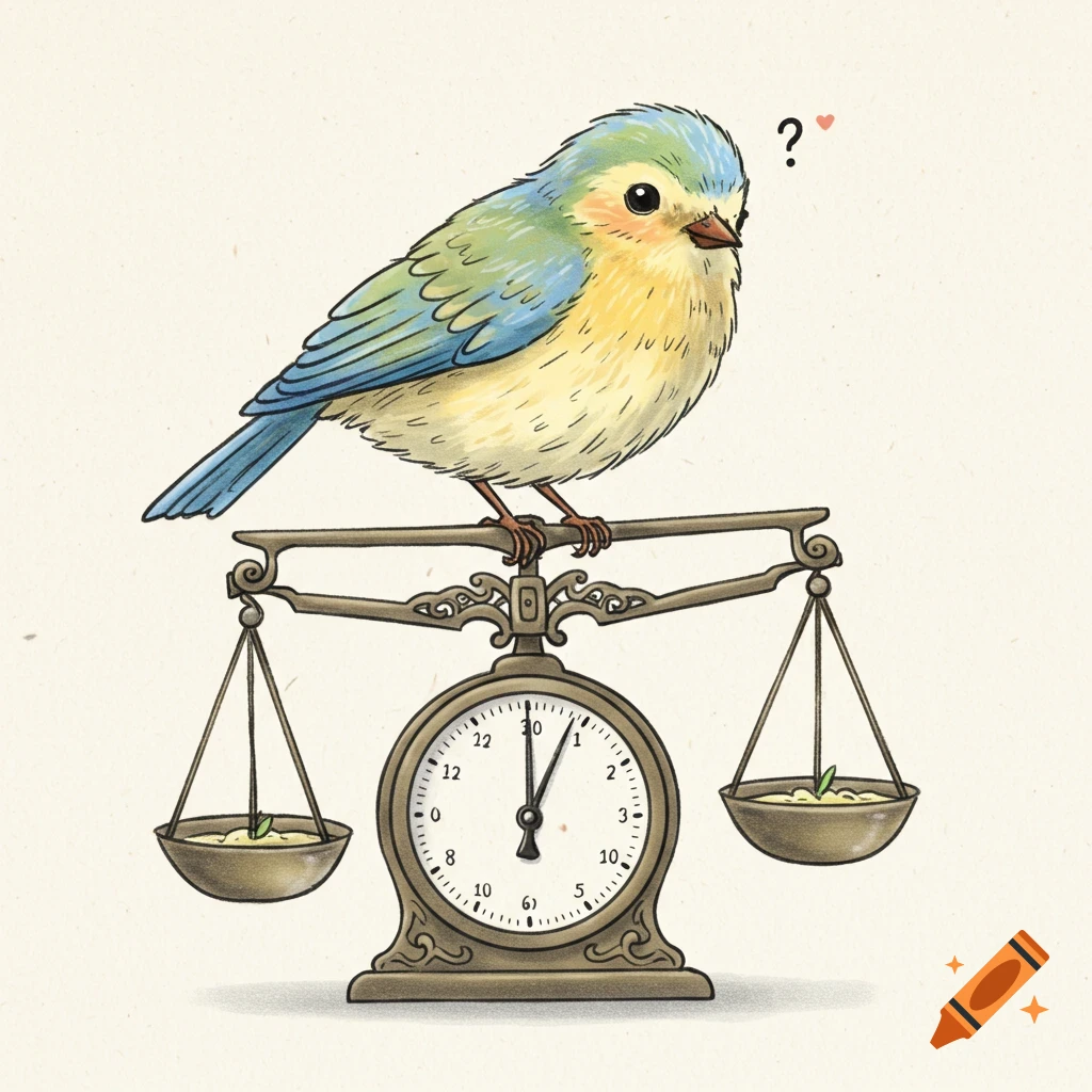Color illustration line drawing of a fluffy blue, yellow, and green bird perched on a vintage mechanical scale with a clock face, looking confused.