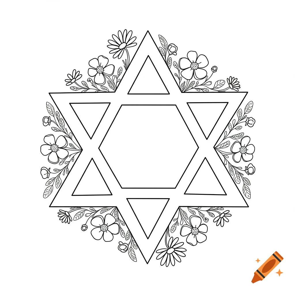 A line drawing of a Star of David surrounded by various simple flowers and leaves, suitable for coloring.