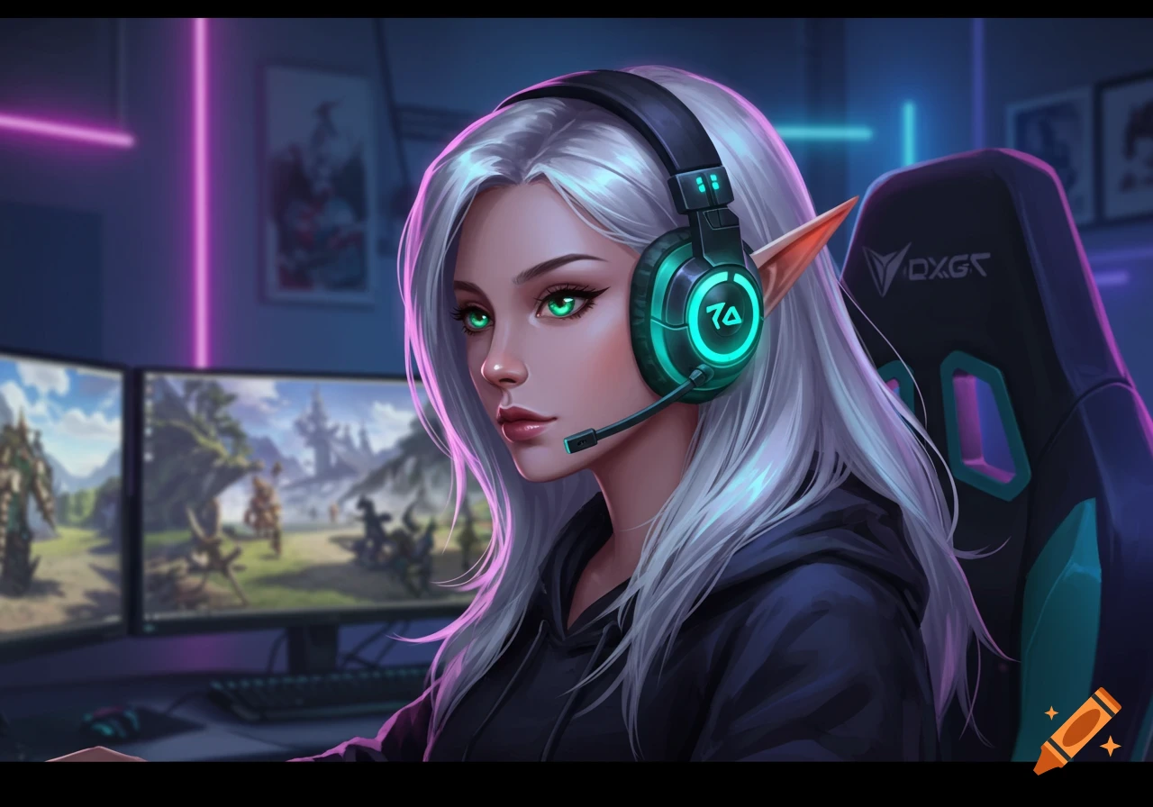 Digital art of an elf gamer girl with long white hair and glowing green eyes, wearing a headset, in a neon-lit gaming room with dual monitors.