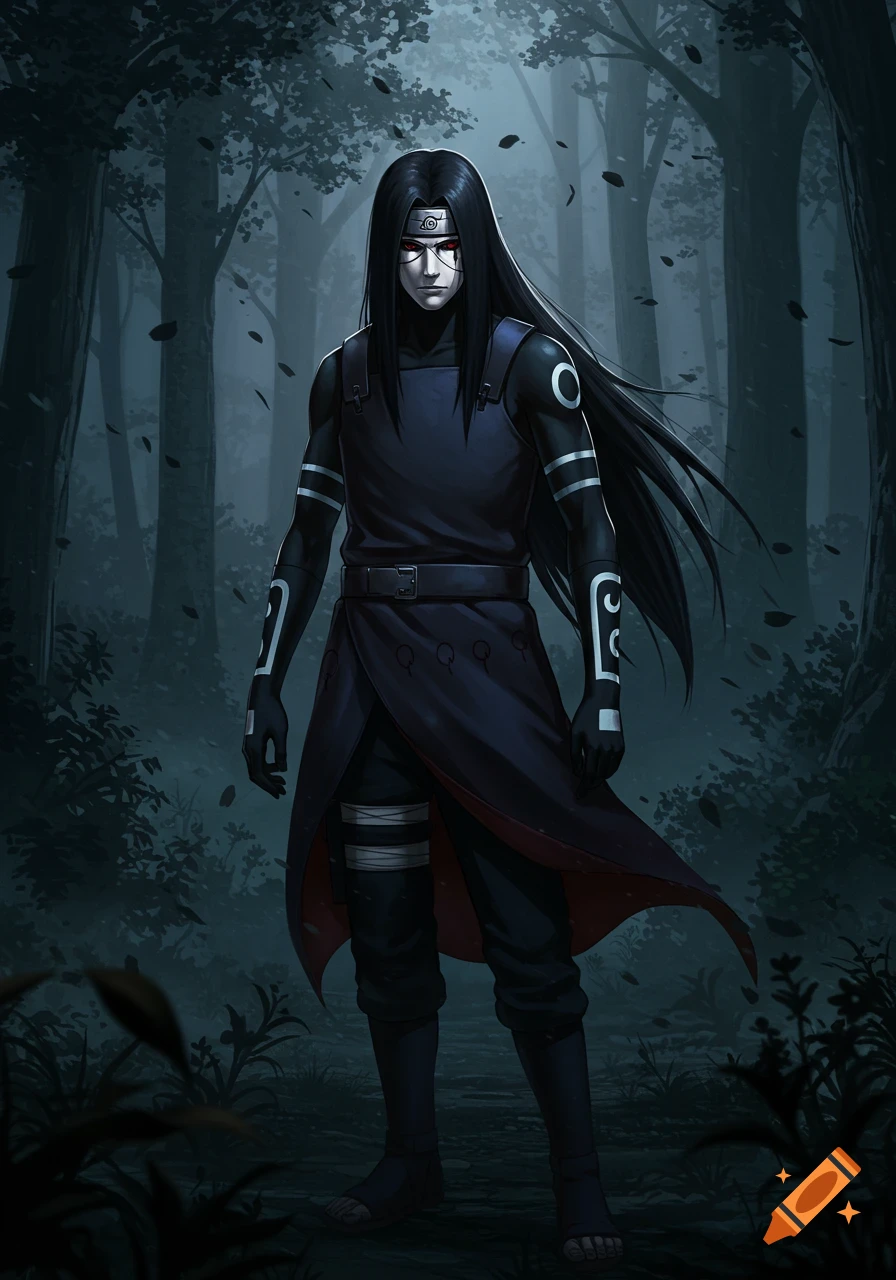 A long-haired anime character in dark ninja-like attire with red eyes and a headband with a Konoha symbol stands in a dark forest.