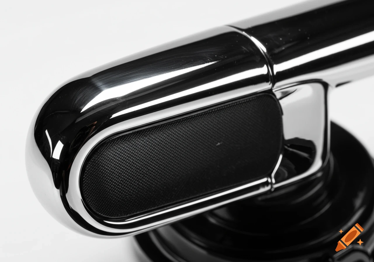 Close-up of a premium car horn with shiny chrome and textured black details, on a clean white background, photorealistic style.