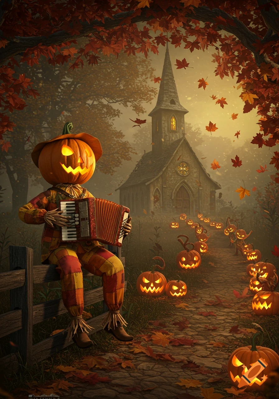 An enchanting autumn scene with a pumpkin scarecrow playing an accordion on a fence, surrounded by glowing jack-o'-lanterns and a foggy church.