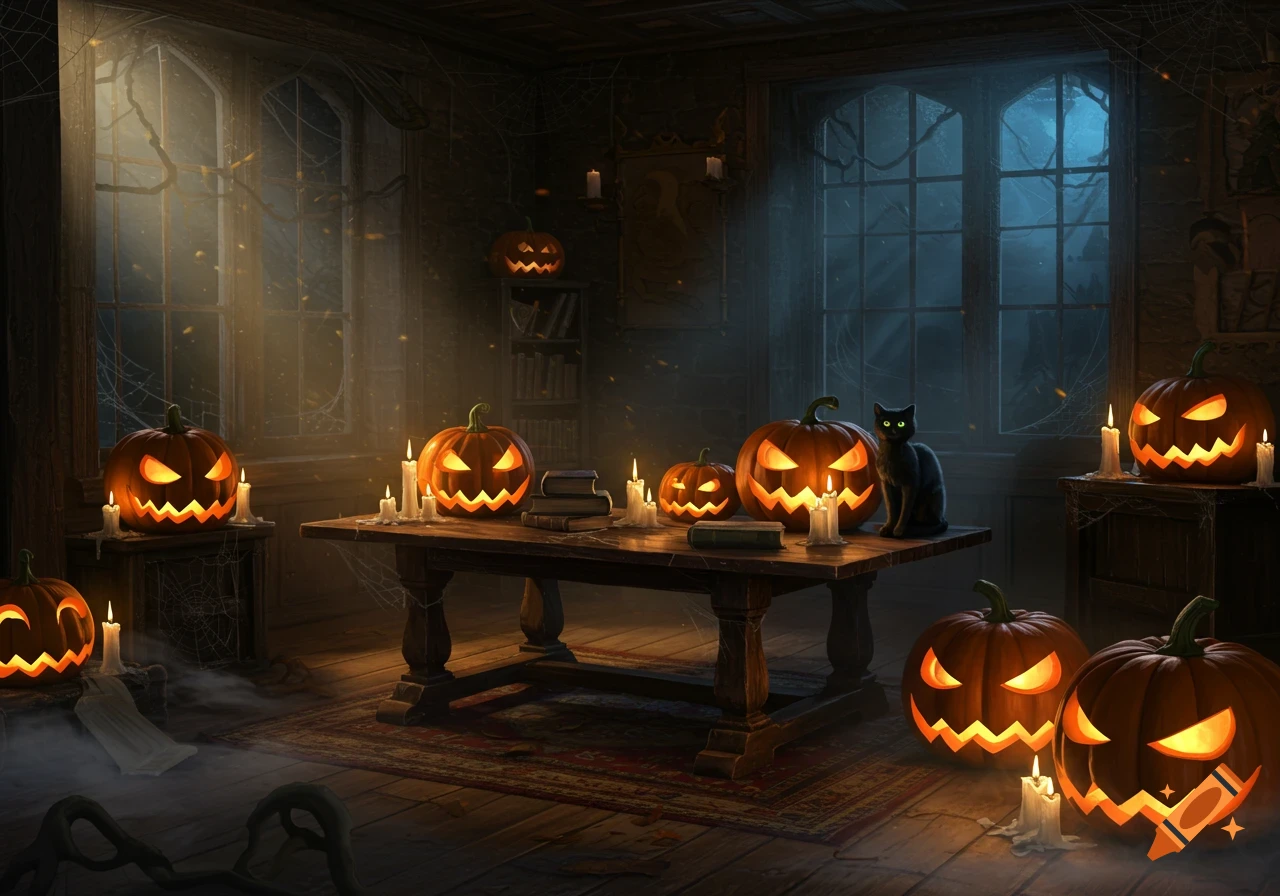 A dimly lit room decorated for Halloween with glowing jack-o'-lanterns, candles, spiderwebs, and a black cat sitting on a table.
