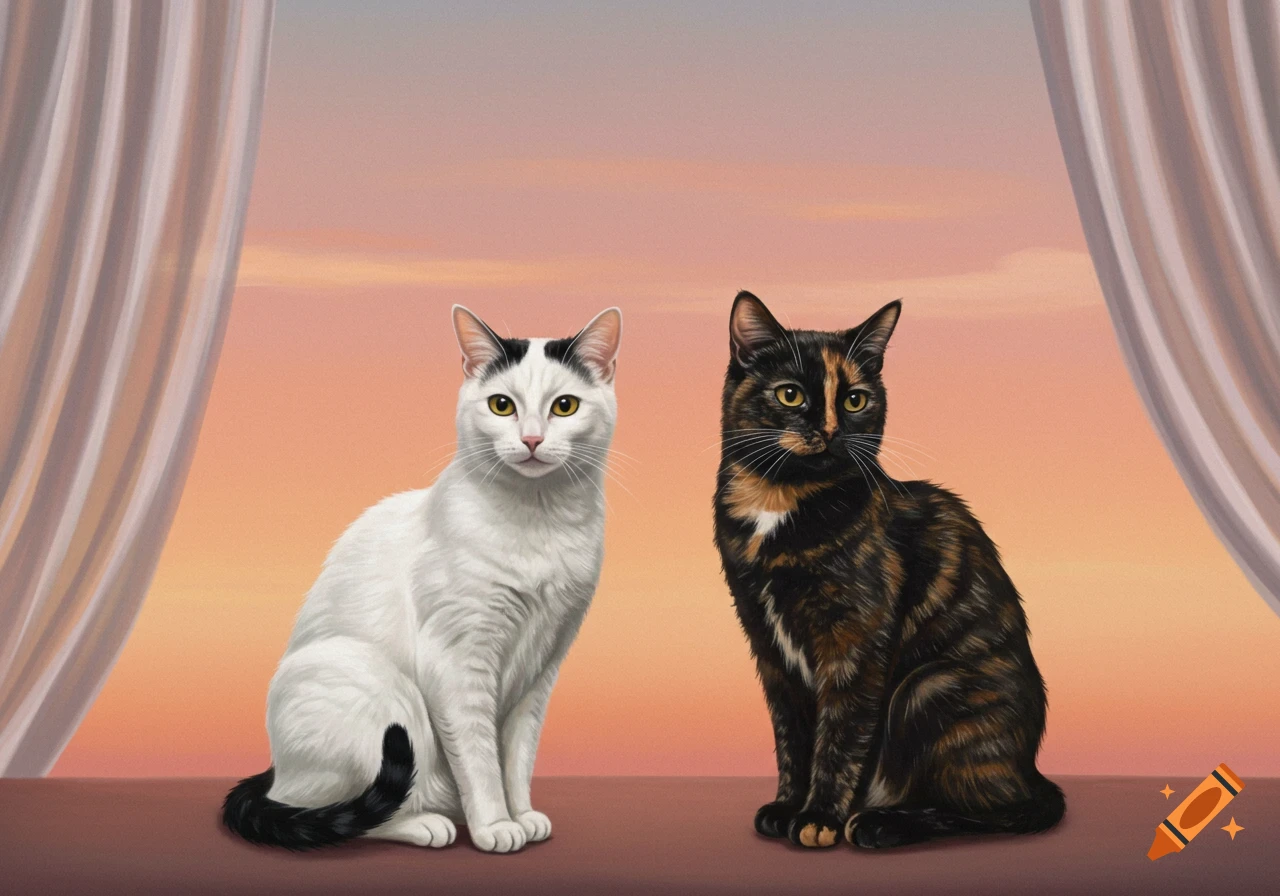 A painting of a white cat with black markings and a tortoiseshell cat sitting in front of curtains and an orange sunset sky.