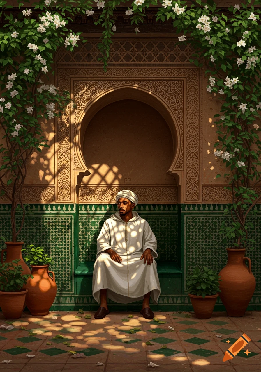 Man in white robes sits in a Moroccan courtyard with intricate arches, green tiles, and white flowering vines in dappled sunlight.