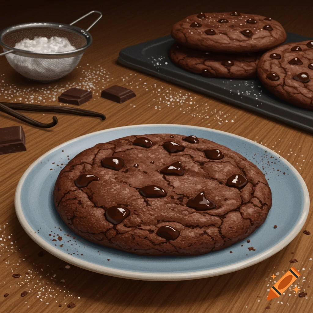 A close-up illustration of a chocolate chip cookie on a blue plate, with baking ingredients on a wooden table.