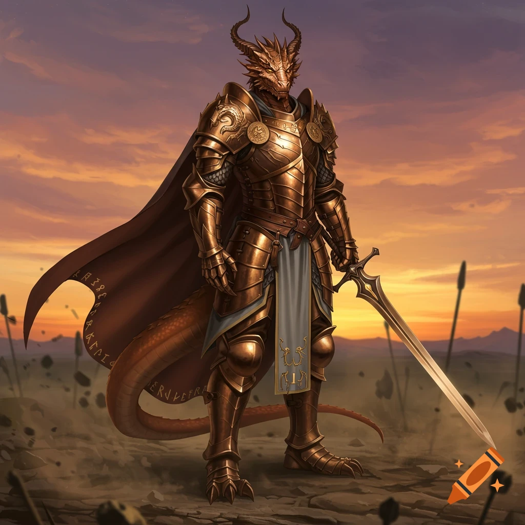 A bronze dragonborn paladin in ornate armor stands on a desolate battlefield, holding a large sword at sunset.