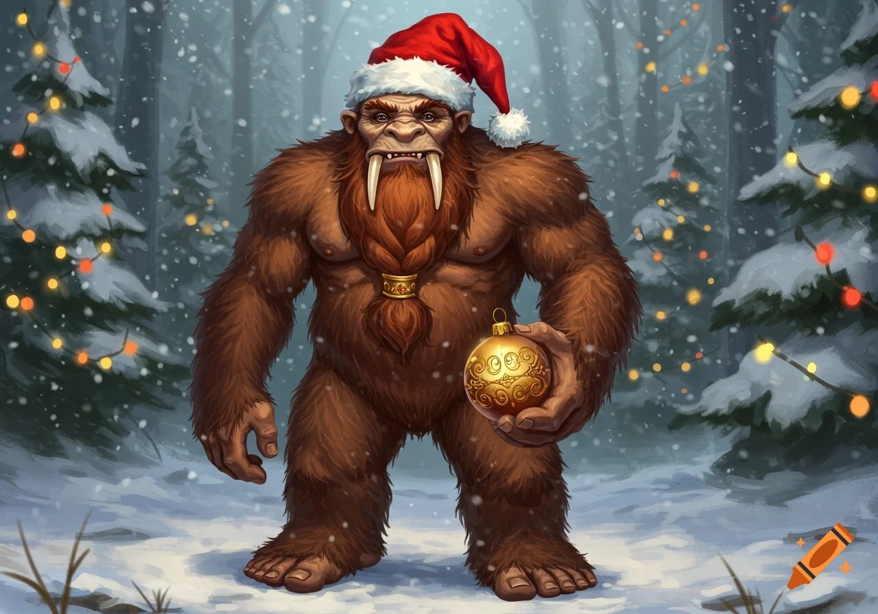 A furry, muscular Bigfoot-like creature wearing a Santa hat holds a golden Christmas ornament in a snowy forest with decorated trees.