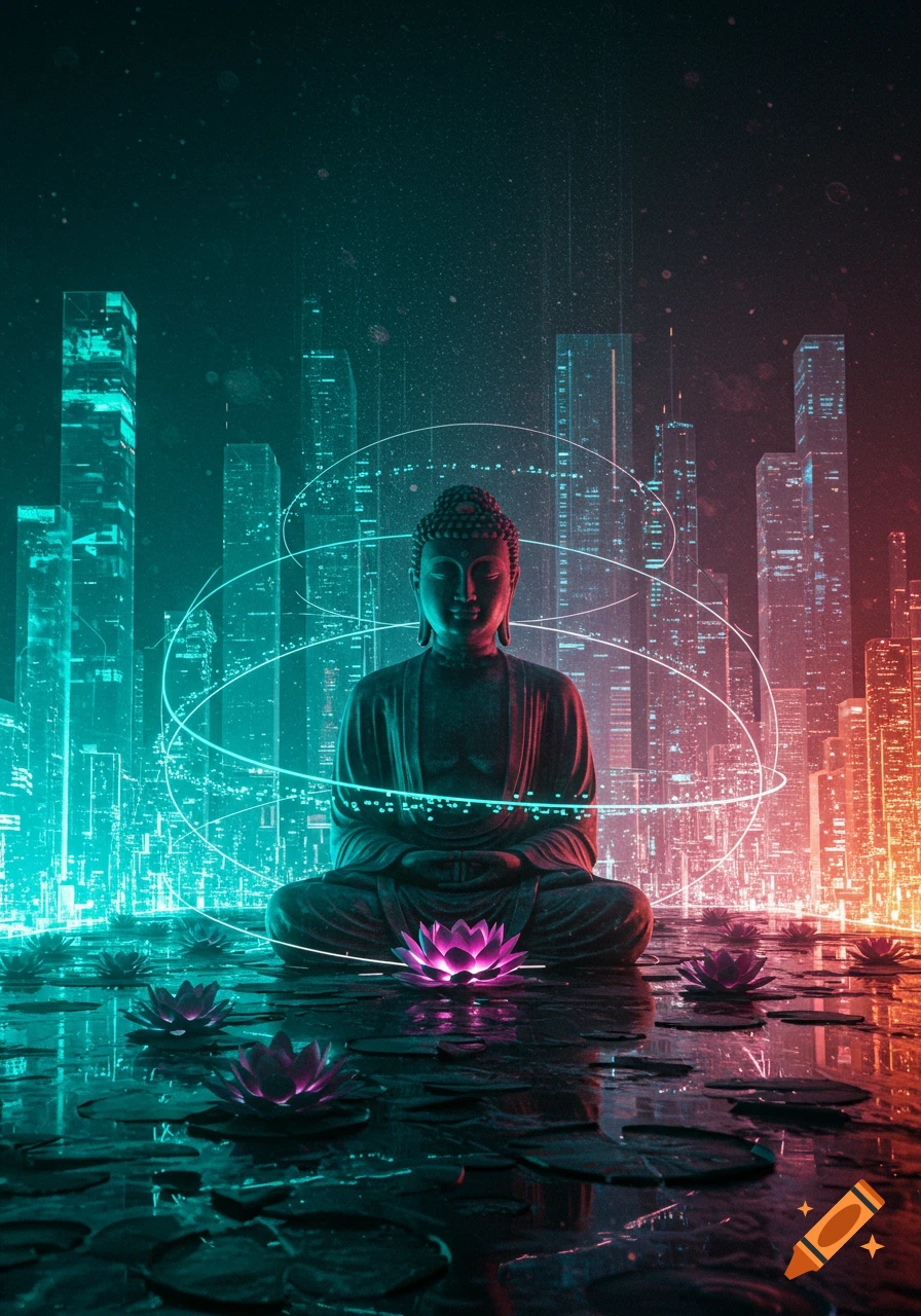 A neon-lit Buddha statue sits on water surrounded by glowing lotus flowers, with a vibrant, futuristic city skyline in the background.