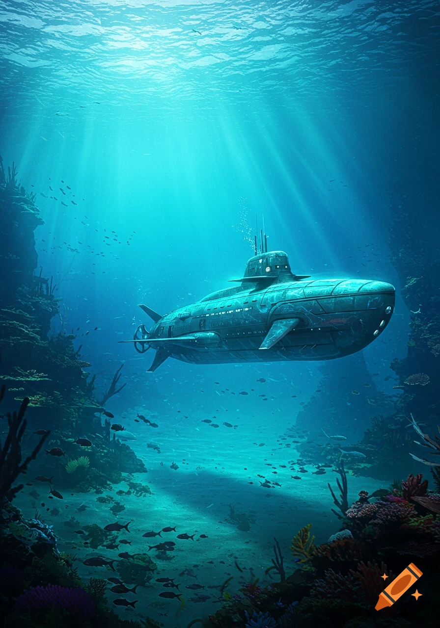 A large submarine underwater, bathed in sunlight, above a coral reef with fish.