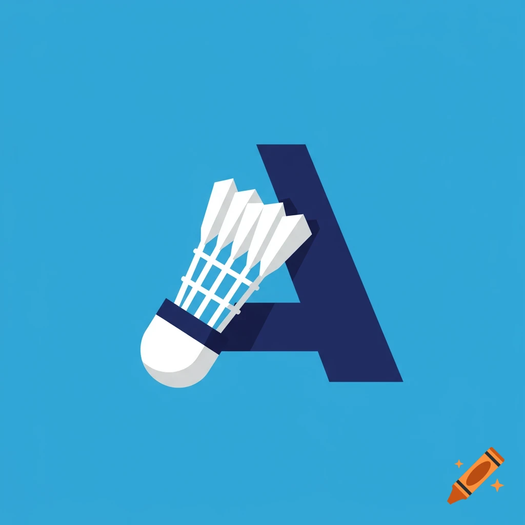 Flat design pictogram of a white badminton shuttlecock resembling the letter A on a light blue background.