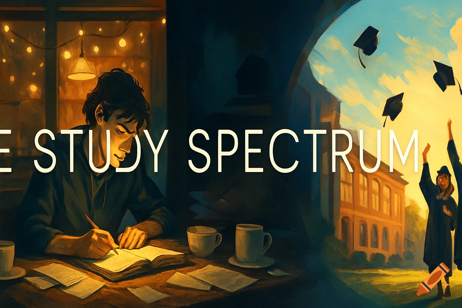 A split image shows a student studying at night and graduates throwing caps outside a university, with 'THE STUDY SPECTRUM' text.