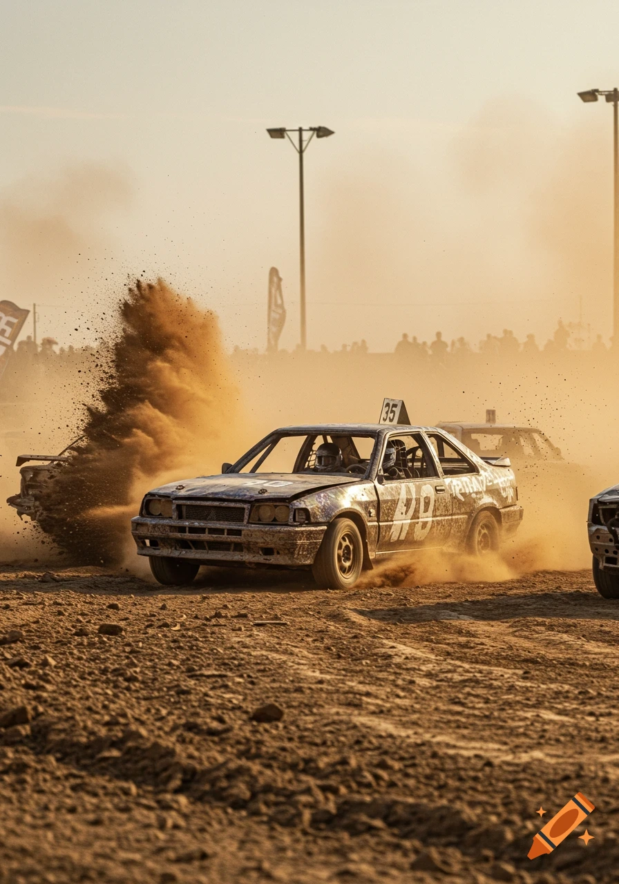 A beat-up car with number 35 on its roof races on a dirt track, kicking up a large cloud of dust during a demolition derby at sunset.
