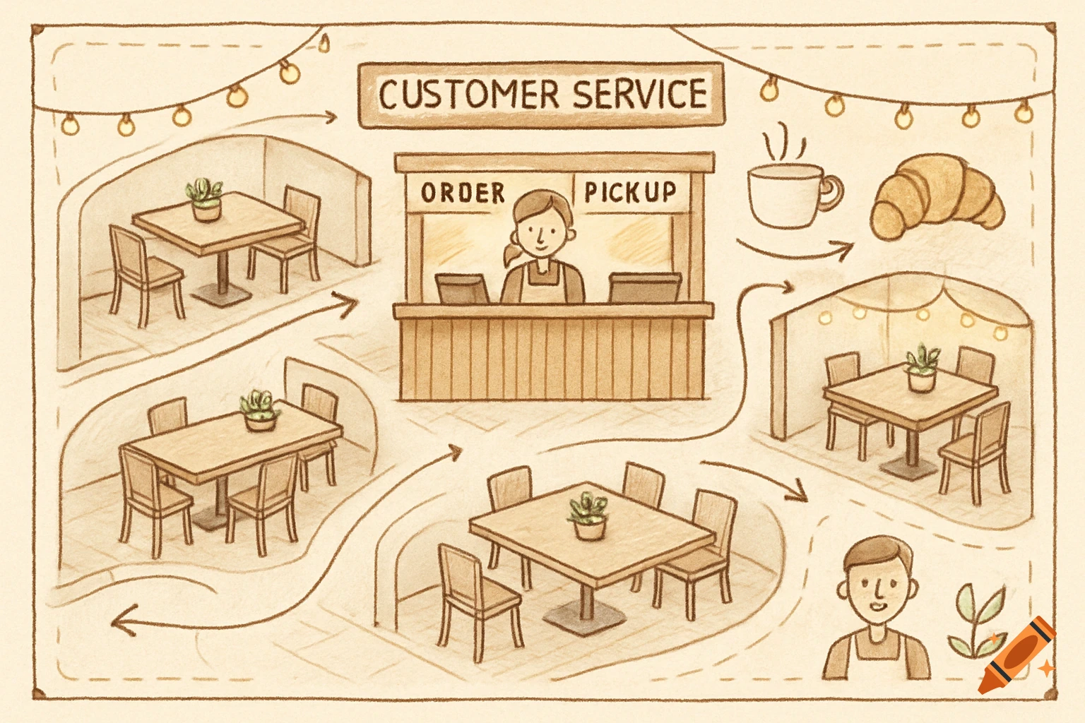 A hand-drawn, sepia-toned diagram illustrating a cafeteria customer service process with order, pickup, seating areas, and staff.