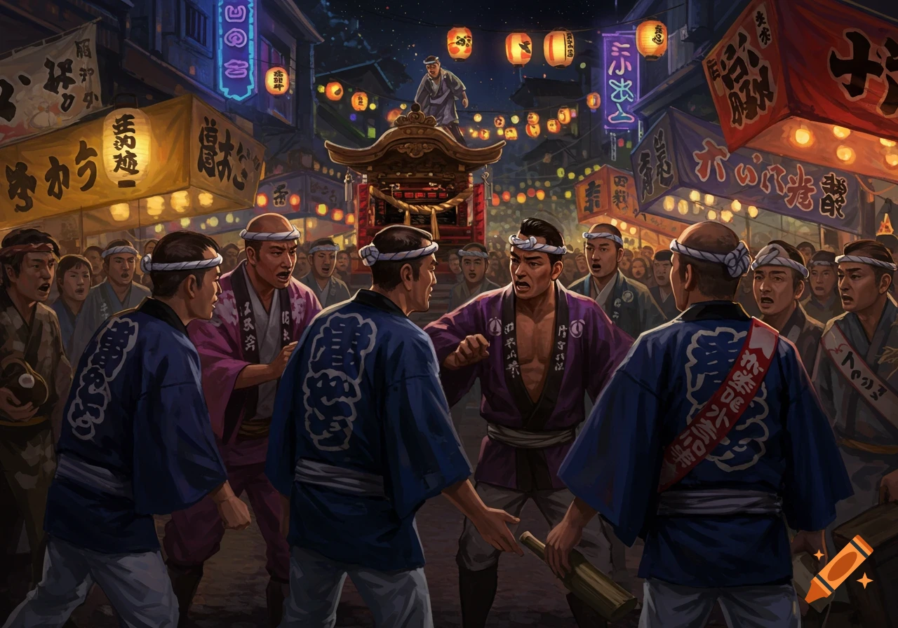 Men in traditional attire brawl on a busy street during a vibrant Japanese festival at night, with lanterns and a portable shrine.