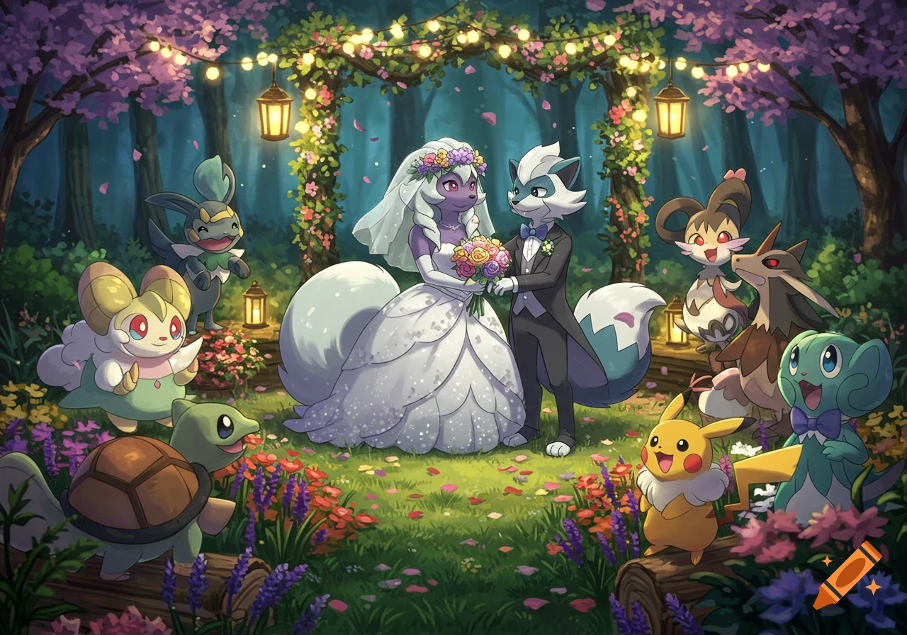 An anime-style wedding in a magical forest with anthropomorphic Pokémon-like characters, flowers, and string lights.