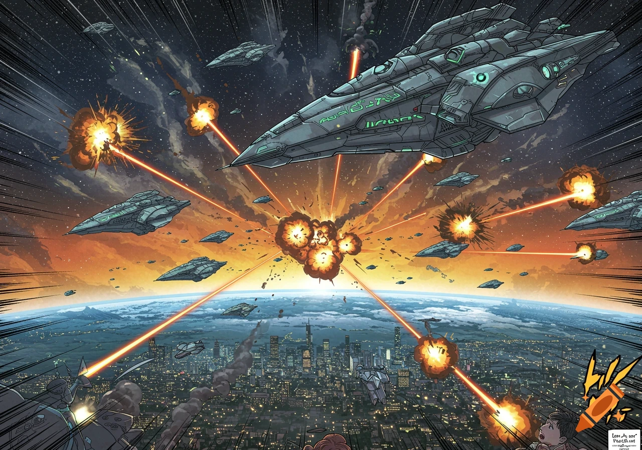 Manga art of alien spaceships attacking a city on Earth with lasers and explosions, a scared child watches below.