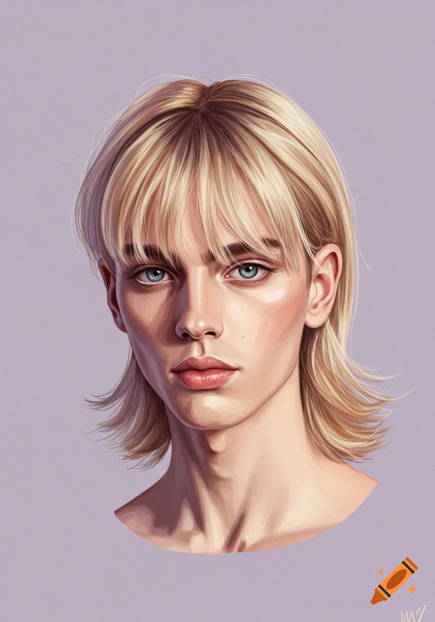 Digital painting of a young person with blonde mullet haircut and blue eyes on a lavender background.