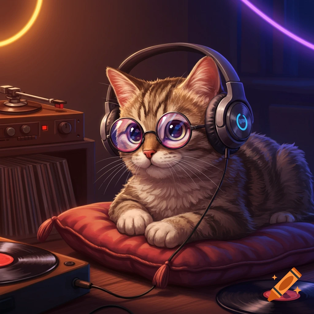 A cute tabby cat wearing headphones and round glasses sits on a red pillow next to a record player with glowing neon lights.