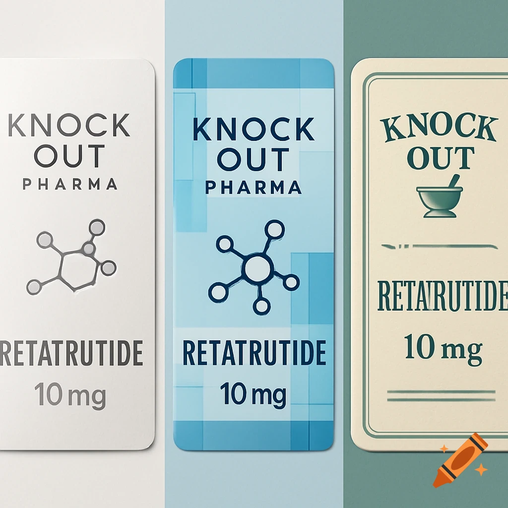 Three clean, modern pharmaceutical labels for Knock Out Pharma, featuring Retatrutide 10mg with chemical structure and mortar and pestle icons.