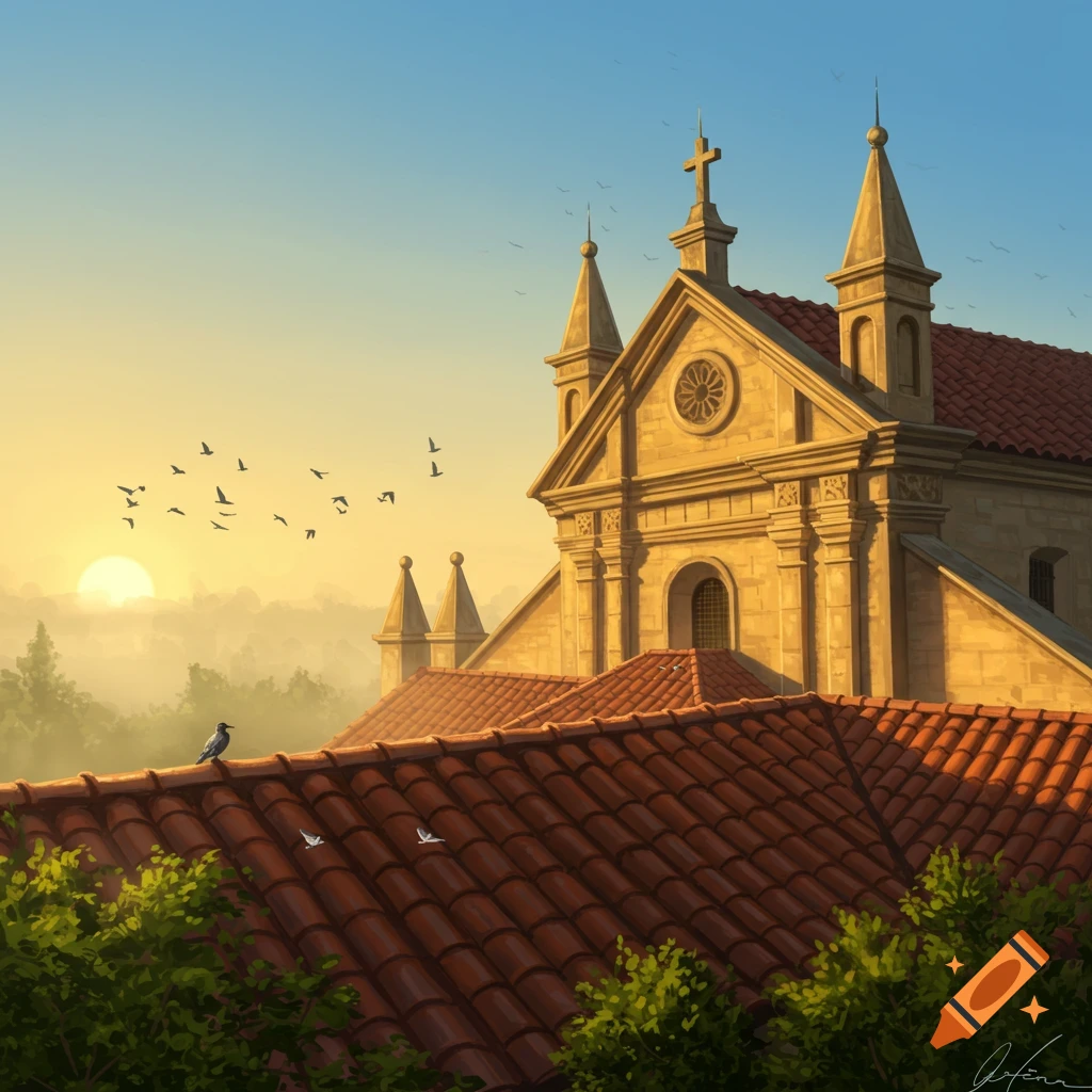 A church and terracotta rooftops at sunrise, with birds flying in the golden sky.