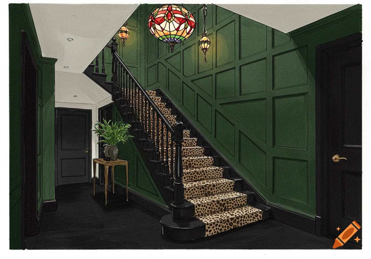 Drawing of a dark green paneled hallway with black stairs, a leopard print runner, and a stained glass lamp.