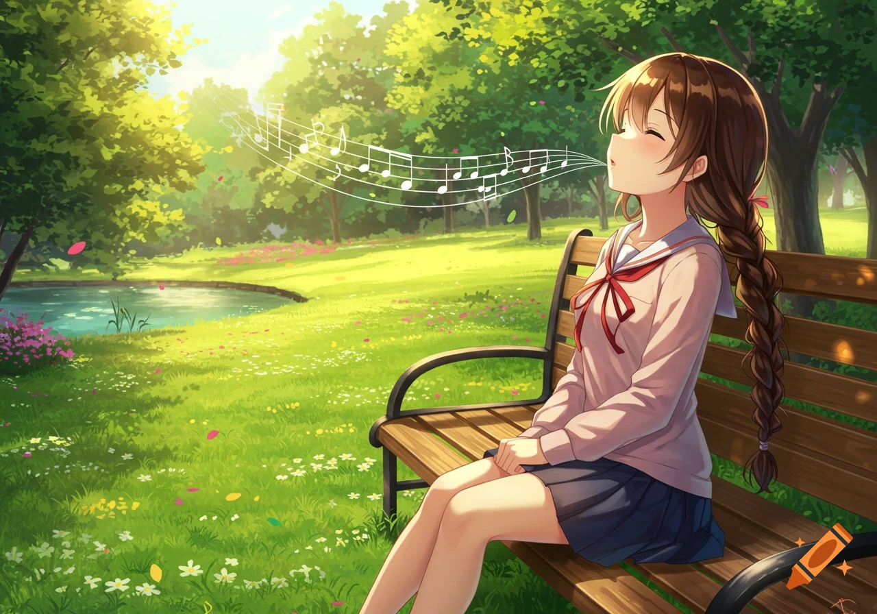 An anime girl with a long brown braid sings with closed eyes on a park bench, with musical notes floating from her mouth.