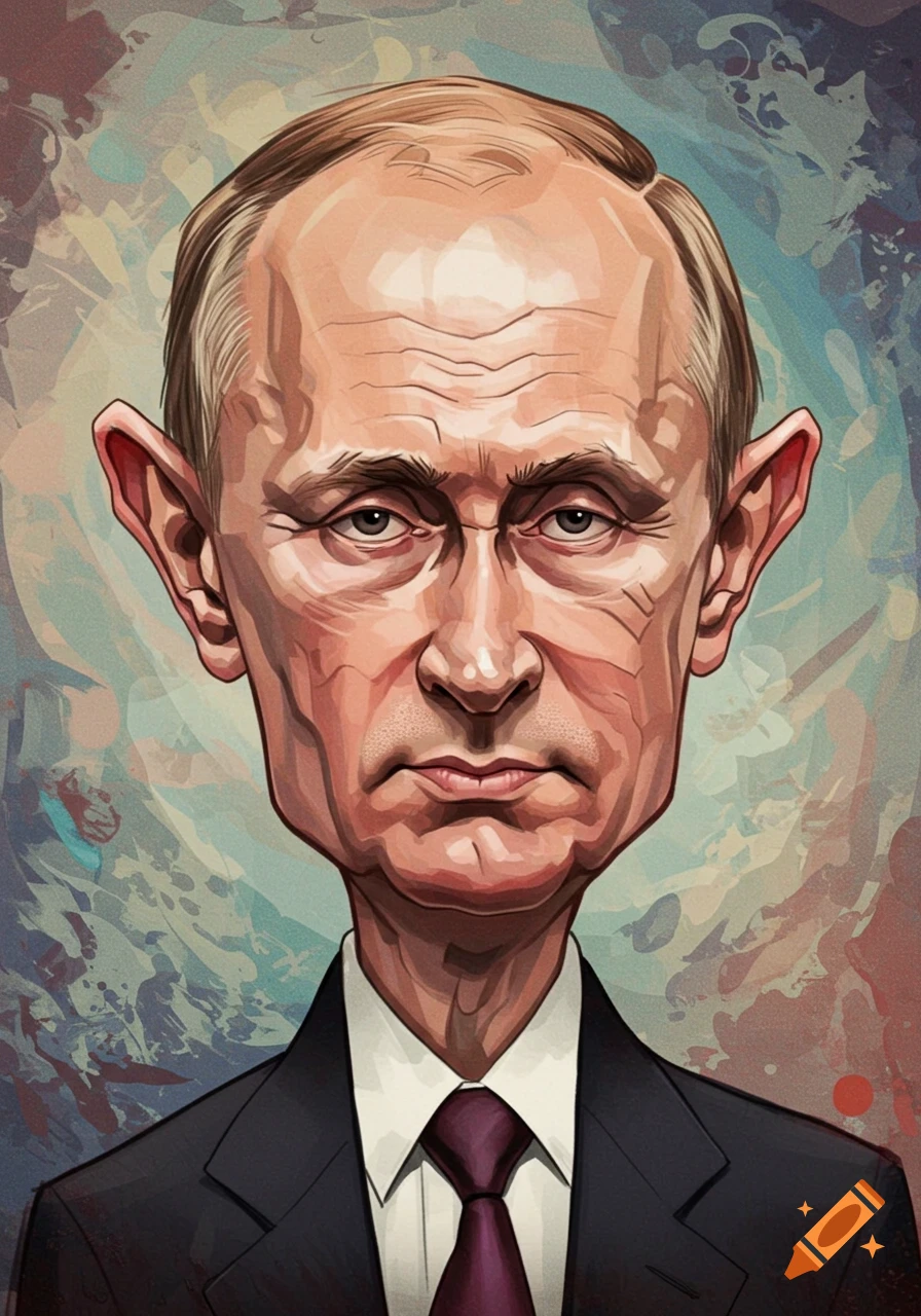 A stylized caricature of Vladimir Putin, front-facing, with exaggerated features and a textured background.