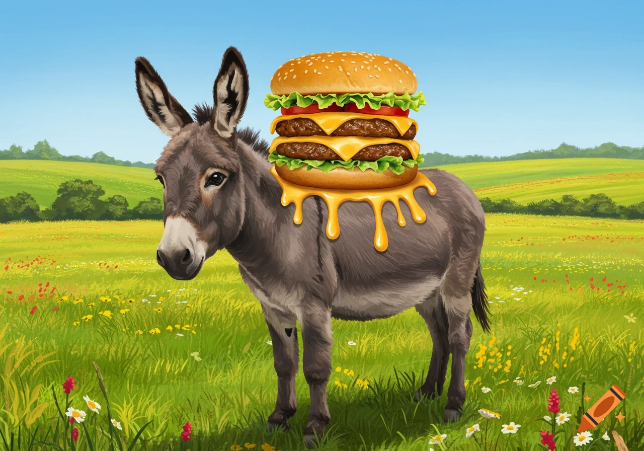 An illustrated gray donkey stands in a green field, carrying a giant cheeseburger dripping with melted cheese on its back.
