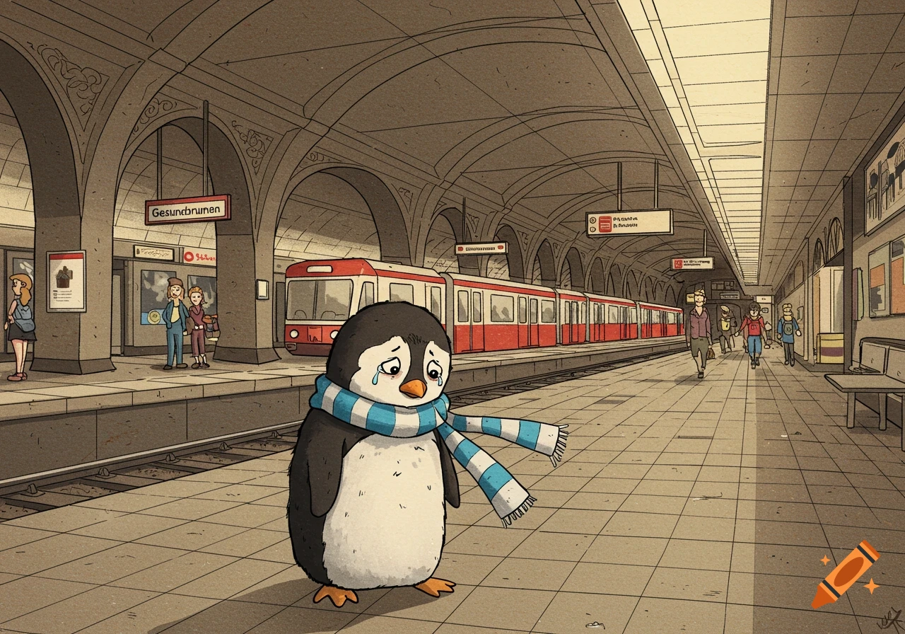 A sad cartoon penguin with a blue and white striped scarf stands on a subway platform. A red train is behind it, and people walk in the background.